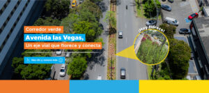 Vista aérea del corredor verde de la avenida Las Vegas en Medellín con zonas arborizadas, jardines y separadores intervenidos con vegetación.